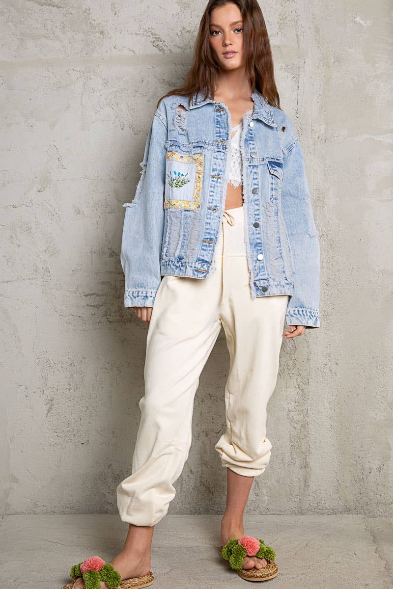 Oversize patch work panel distressed shacket