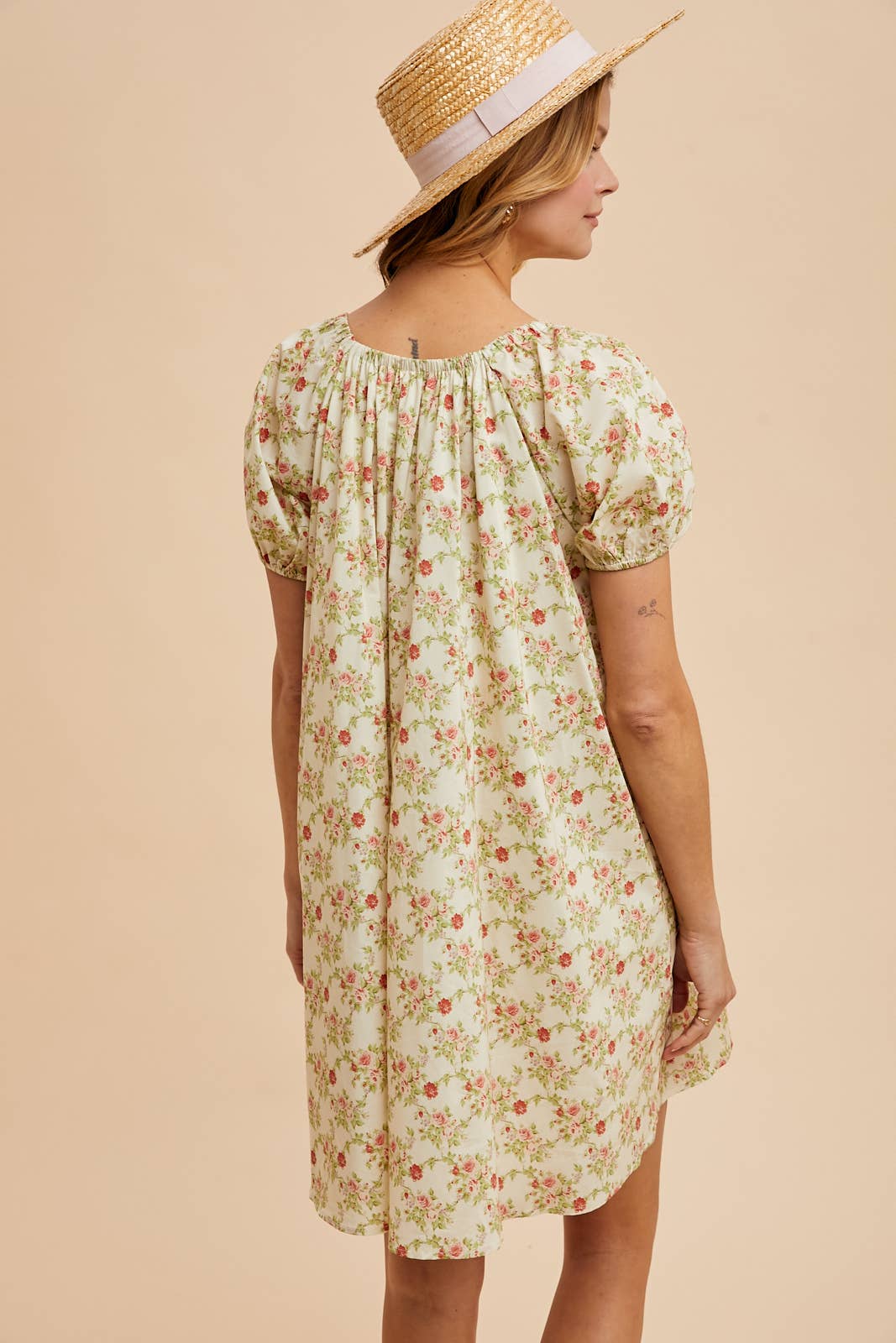 COTTON FLORAL BOW TIE SHIFT DRESS
