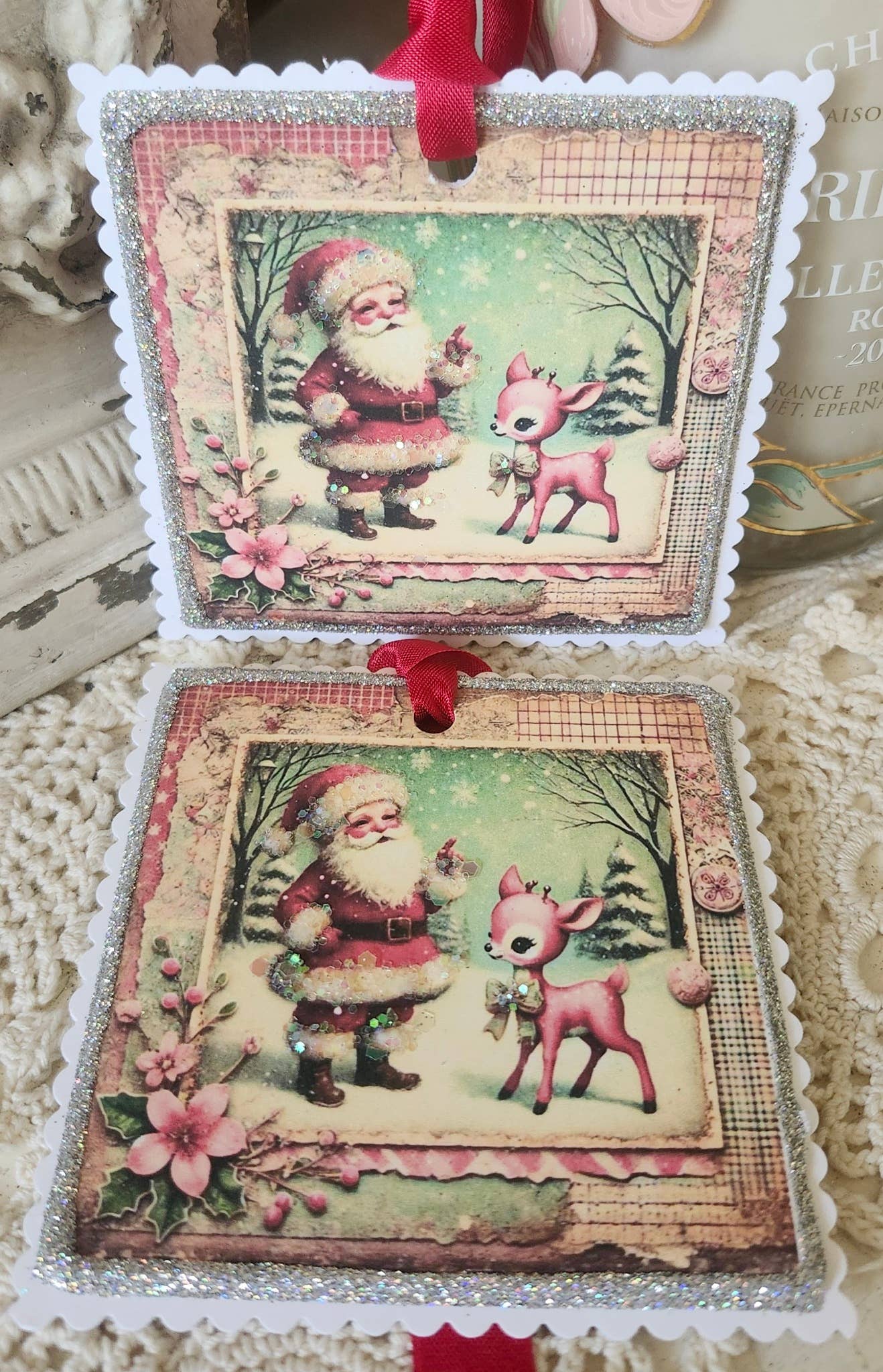 Christmas Gift Tag Retro Santa & Deer Glitter