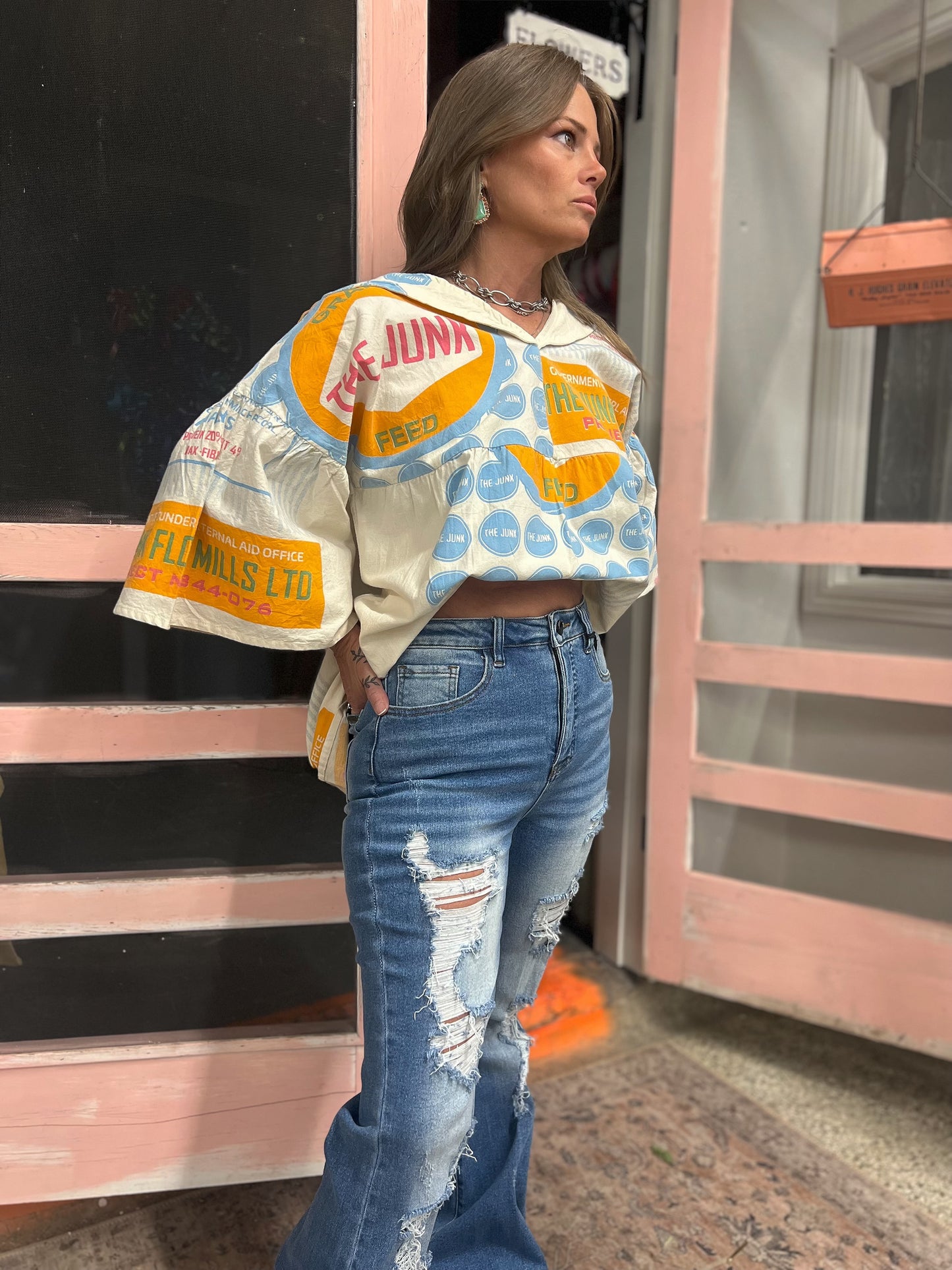 Flour Sack Cotton Bell Sleeve Top- Junk Buttermilk