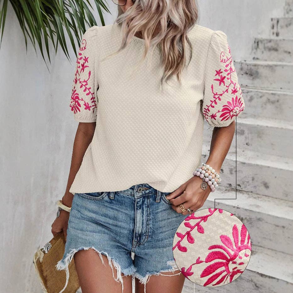 Puff Sleeve Embroidered Blouse for Women Summer