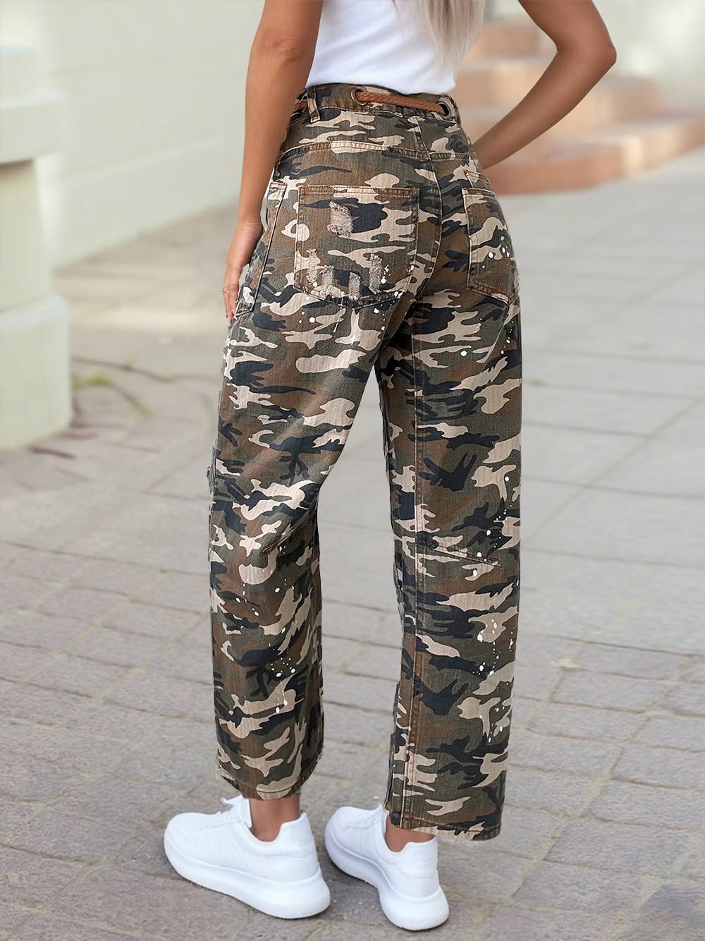 Camouflage Print Splashed Distressed Loose Denim Pants
