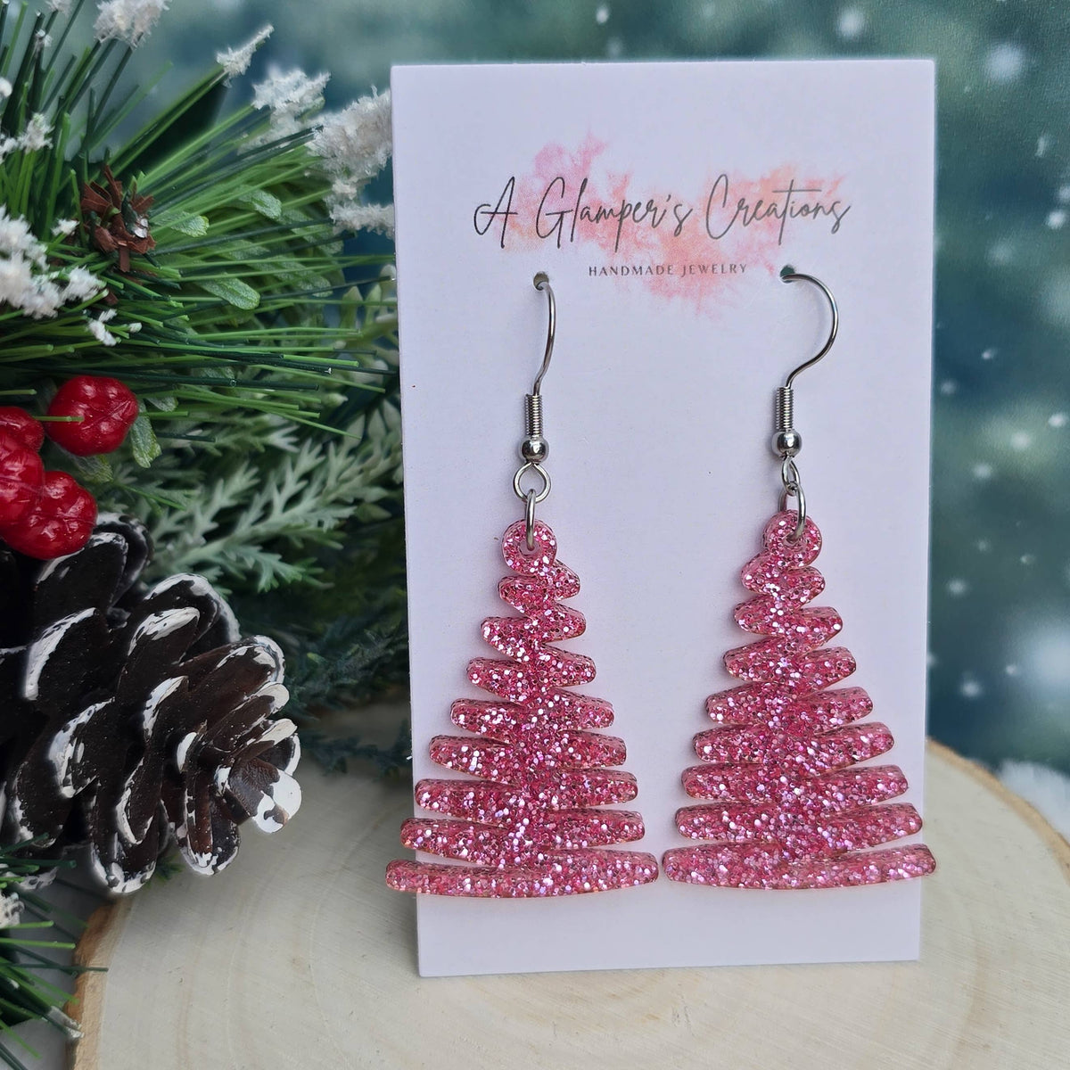 Pink Glitter Christmas Ribbon Tree Acrylic Earrings