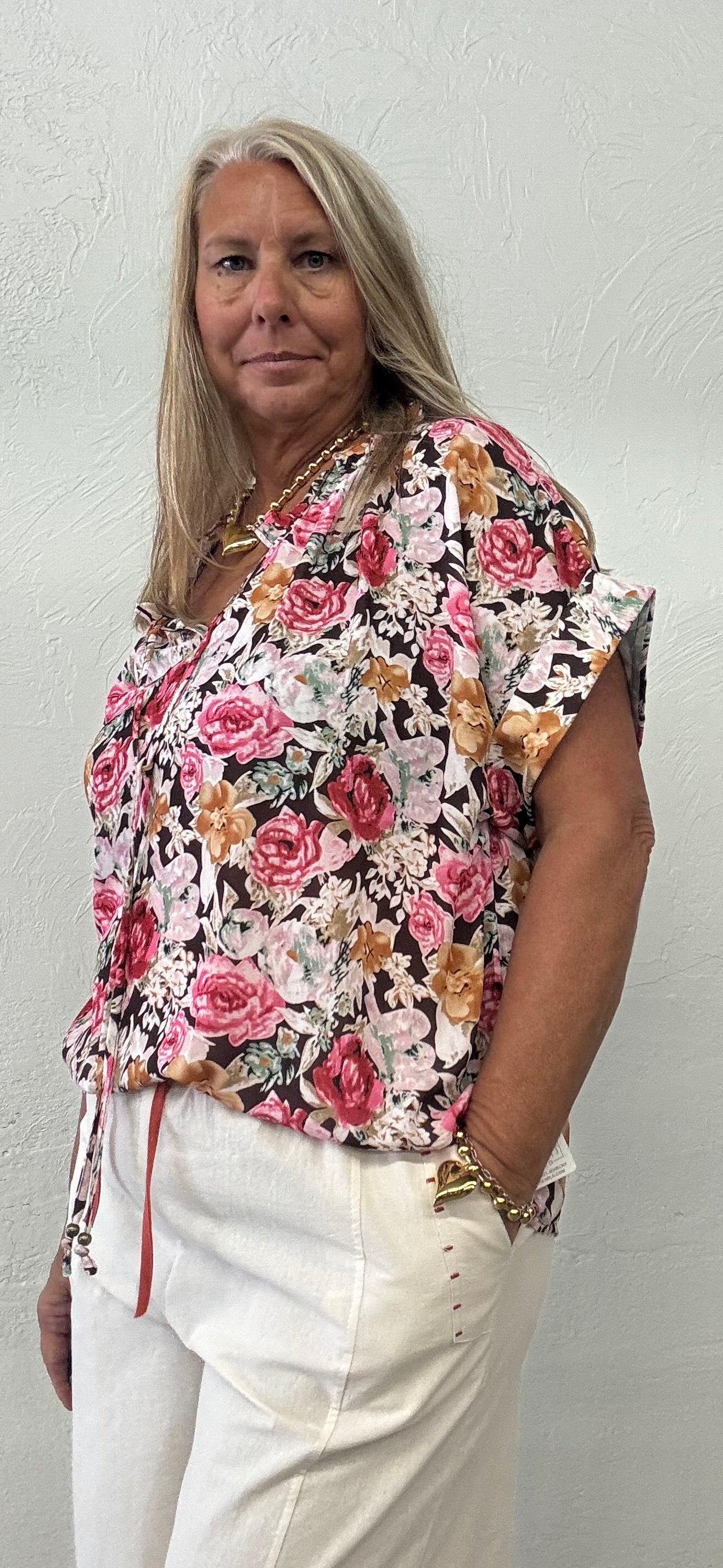Floral Print Crew Neck Short Sleeve Shift Blouse (S-XL)