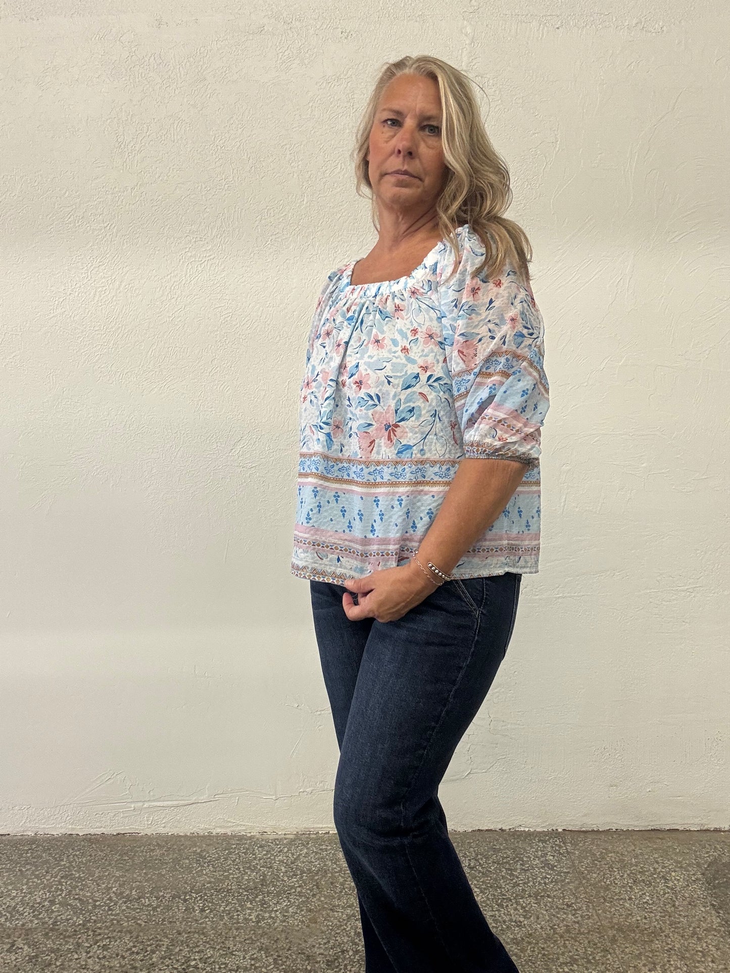 BOHO FLORAL BORDER SQUARE NECK BLOUSON BLOUSE TOP