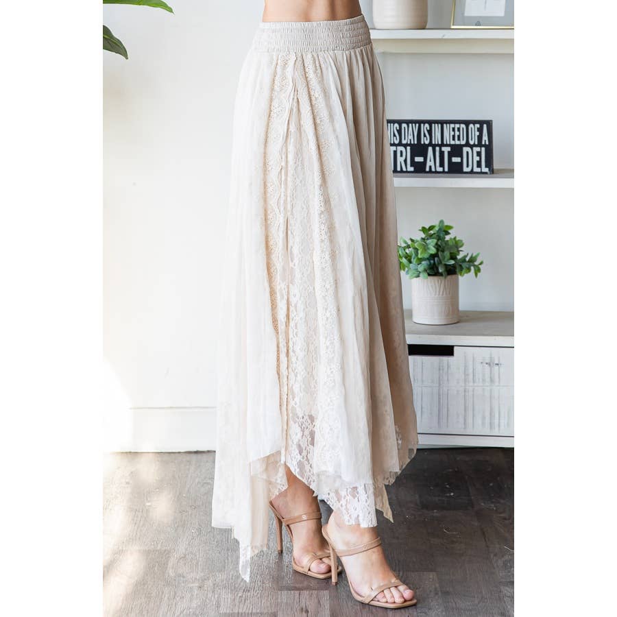 CHIFFON LACE MIXED OVERLAY A-LINE MIDI SKIRT