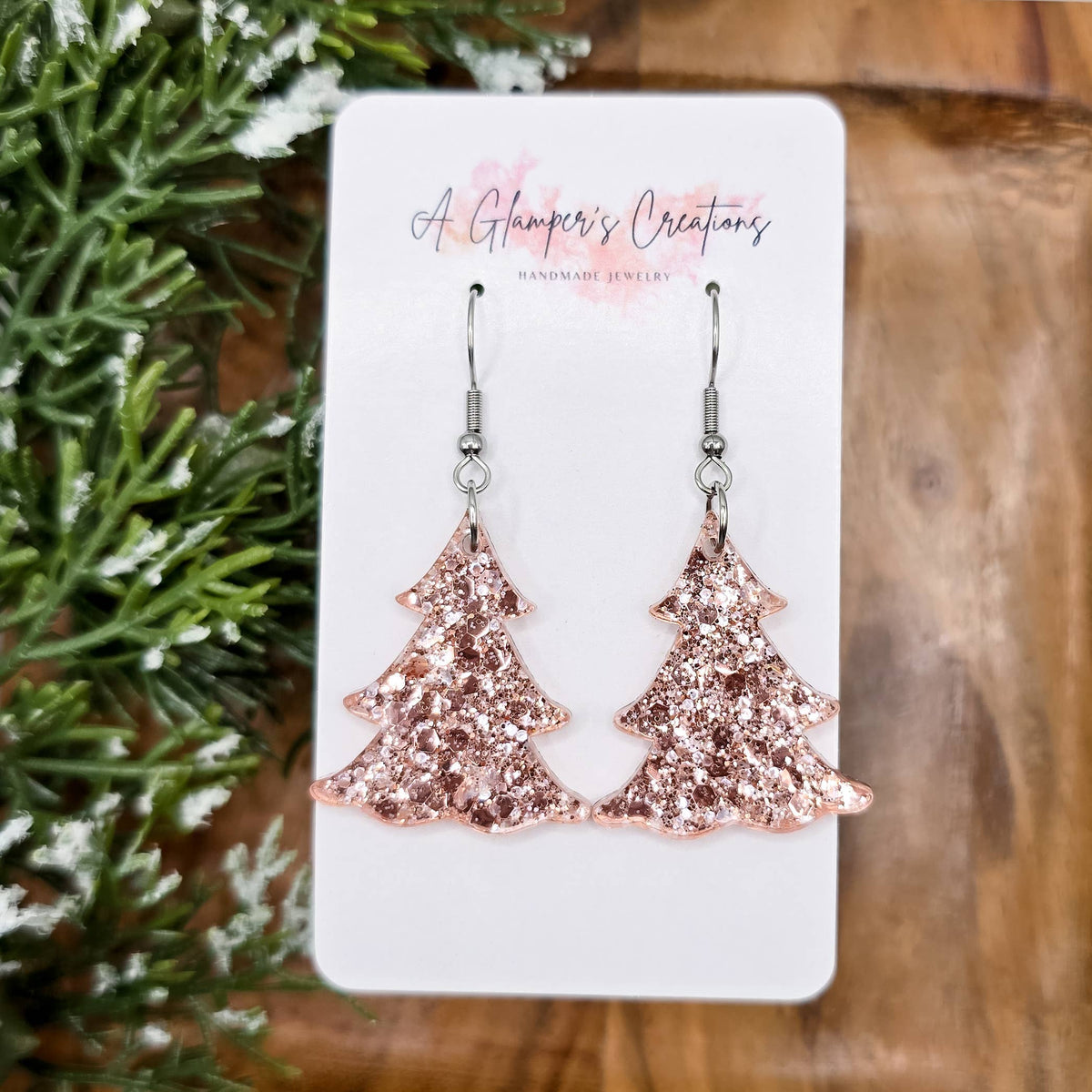 Rosegold Chunky Glitter Christmas Tree Acrylic Earrings