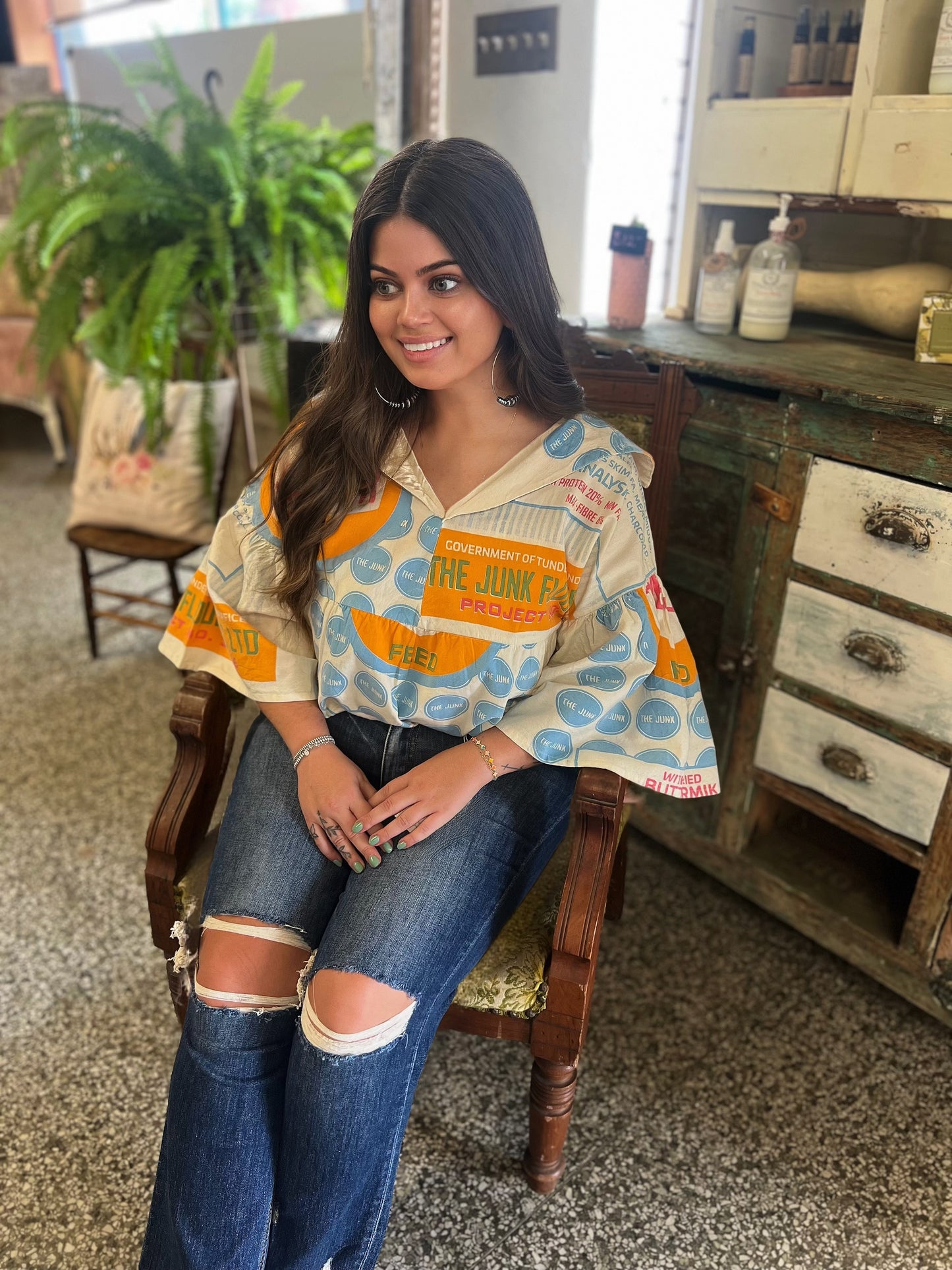 Flour Sack Cotton Bell Sleeve Top- Junk Buttermilk