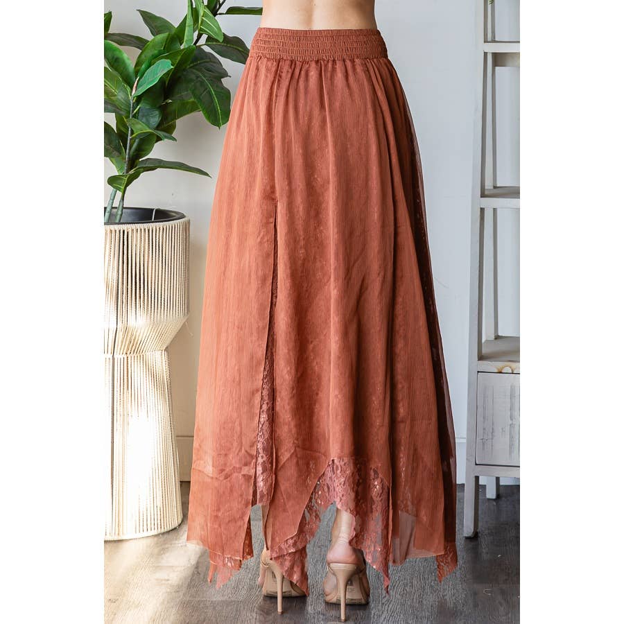 CHIFFON LACE MIXED OVERLAY A-LINE MIDI SKIRT
