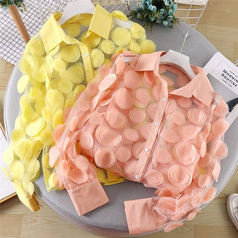 Hollow Lantern Sleeve Mesh Blouse With 3D Flower Appliques