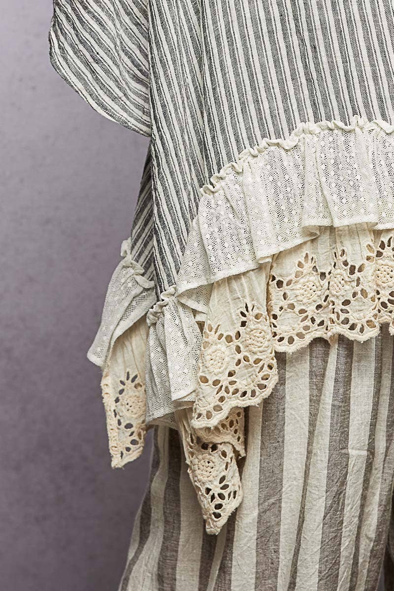 Eyelet Lace Ruffle Stripe Pattern Cardigan Top