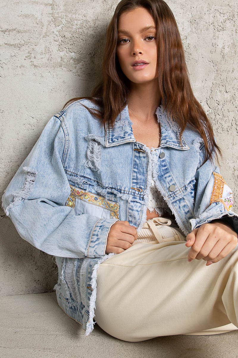 Oversize patch work panel distressed shacket