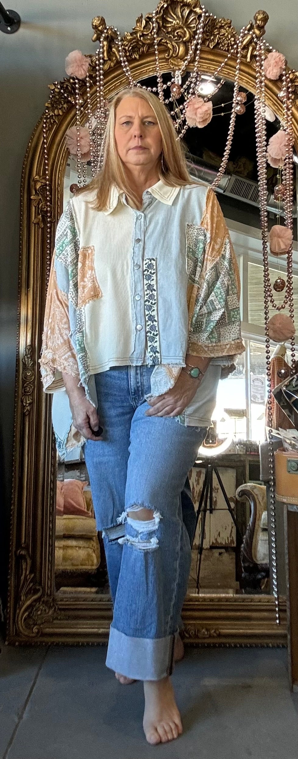 Oversize button down contrast fabric panel high low shirt