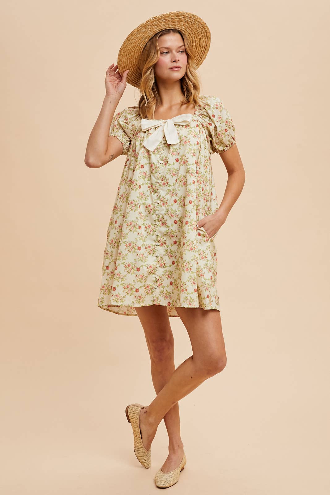 COTTON FLORAL BOW TIE SHIFT DRESS