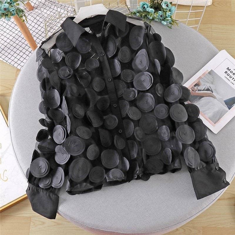 Hollow Lantern Sleeve Mesh Blouse With 3D Flower Appliques
