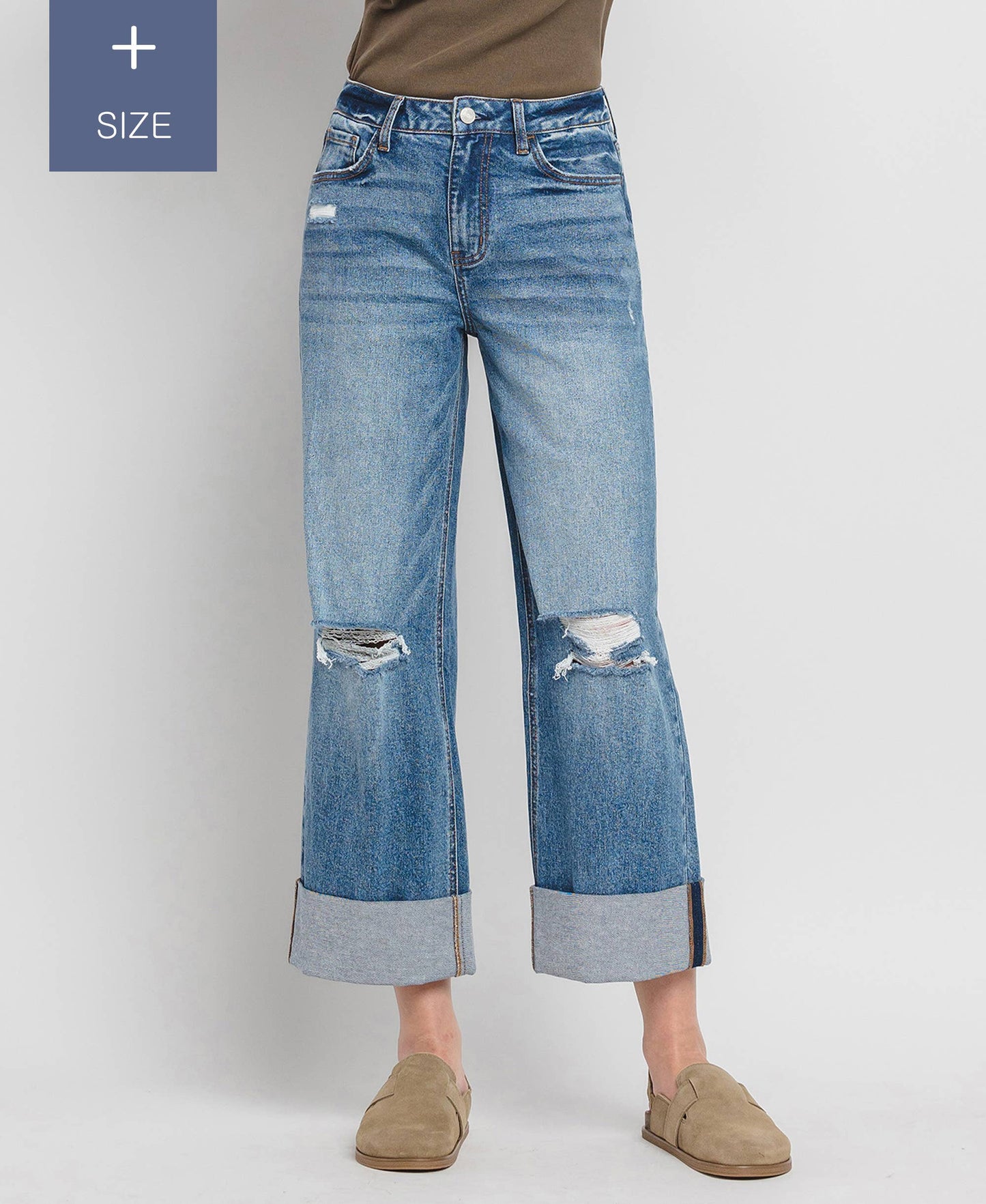 PLUS SIZE SUPER HIGH RISE CUFFED BAGGY WIDE JEANS