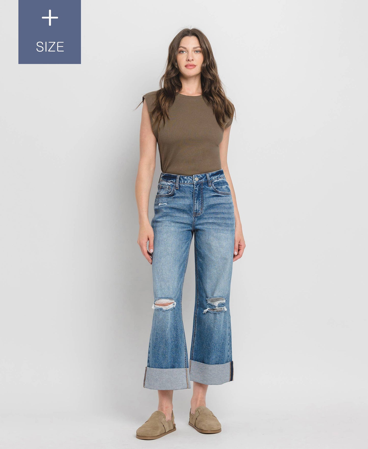 PLUS SIZE SUPER HIGH RISE CUFFED BAGGY WIDE JEANS
