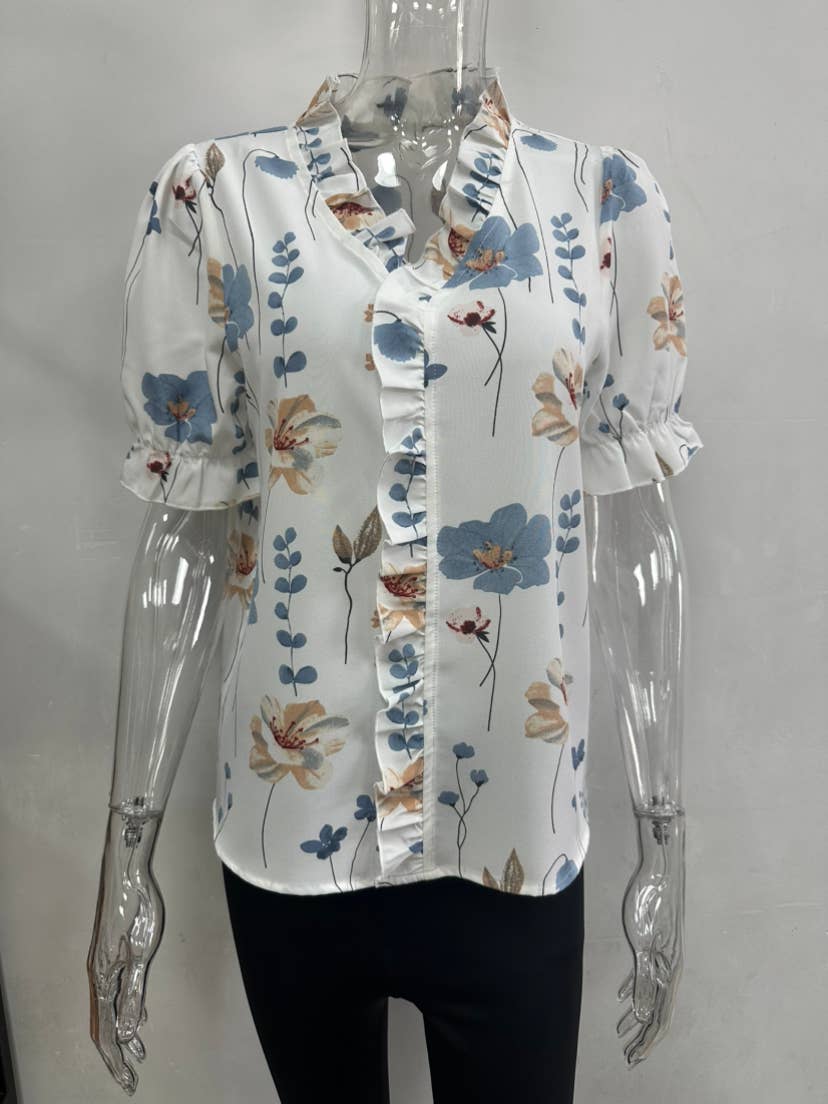 Ruffled V-Neck Floral Printed Puff Sleeve Blouse