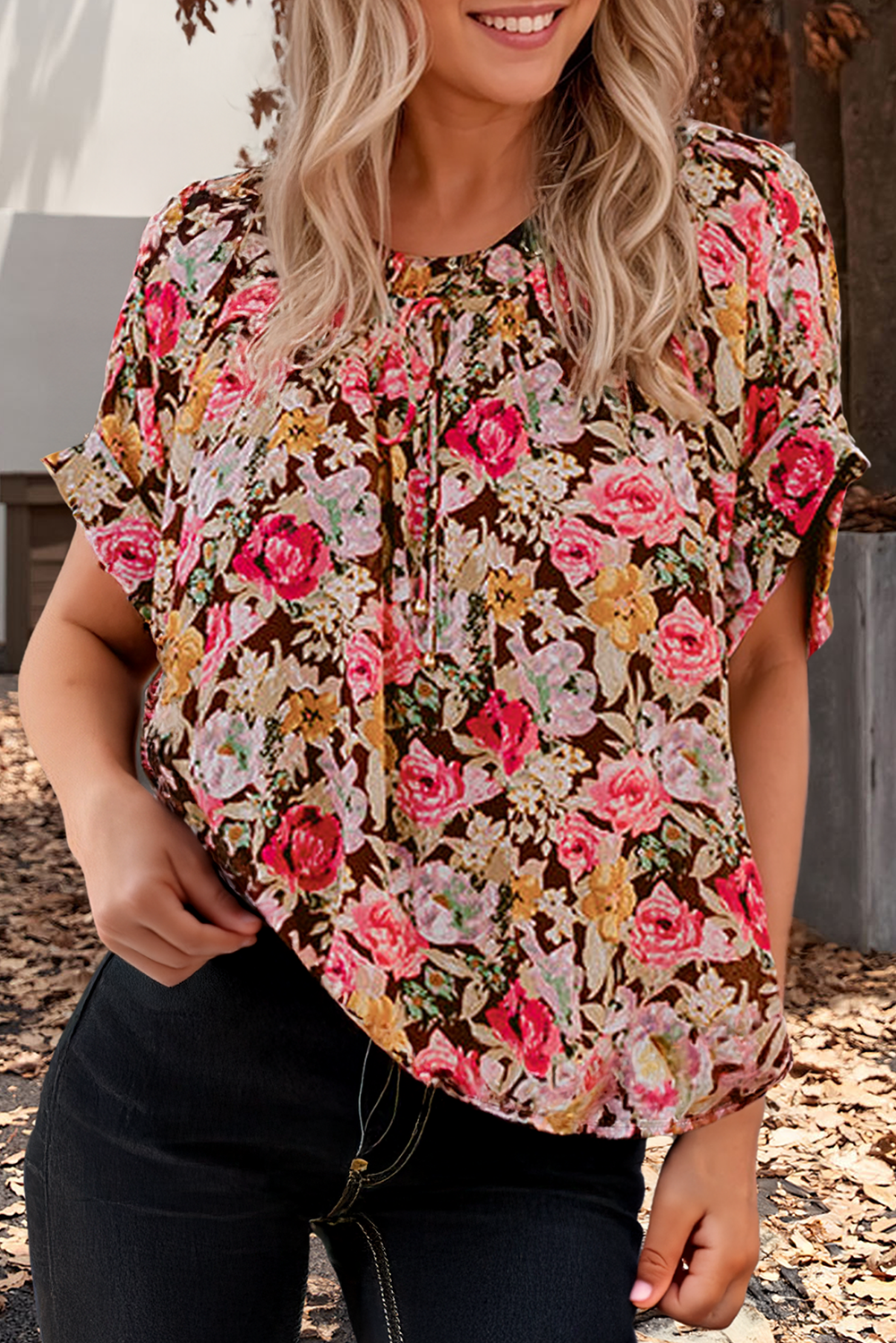 Floral Print Crew Neck Short Sleeve Shift Blouse (S-XL)