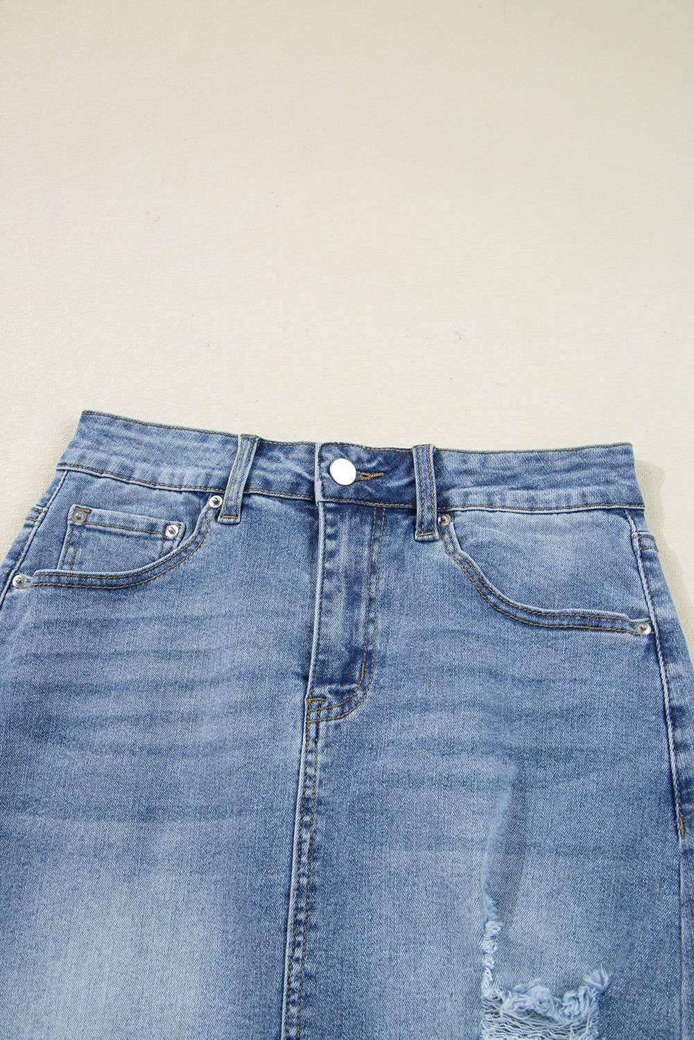 Dasha | Distressed Bottom Denim Midi Skirt