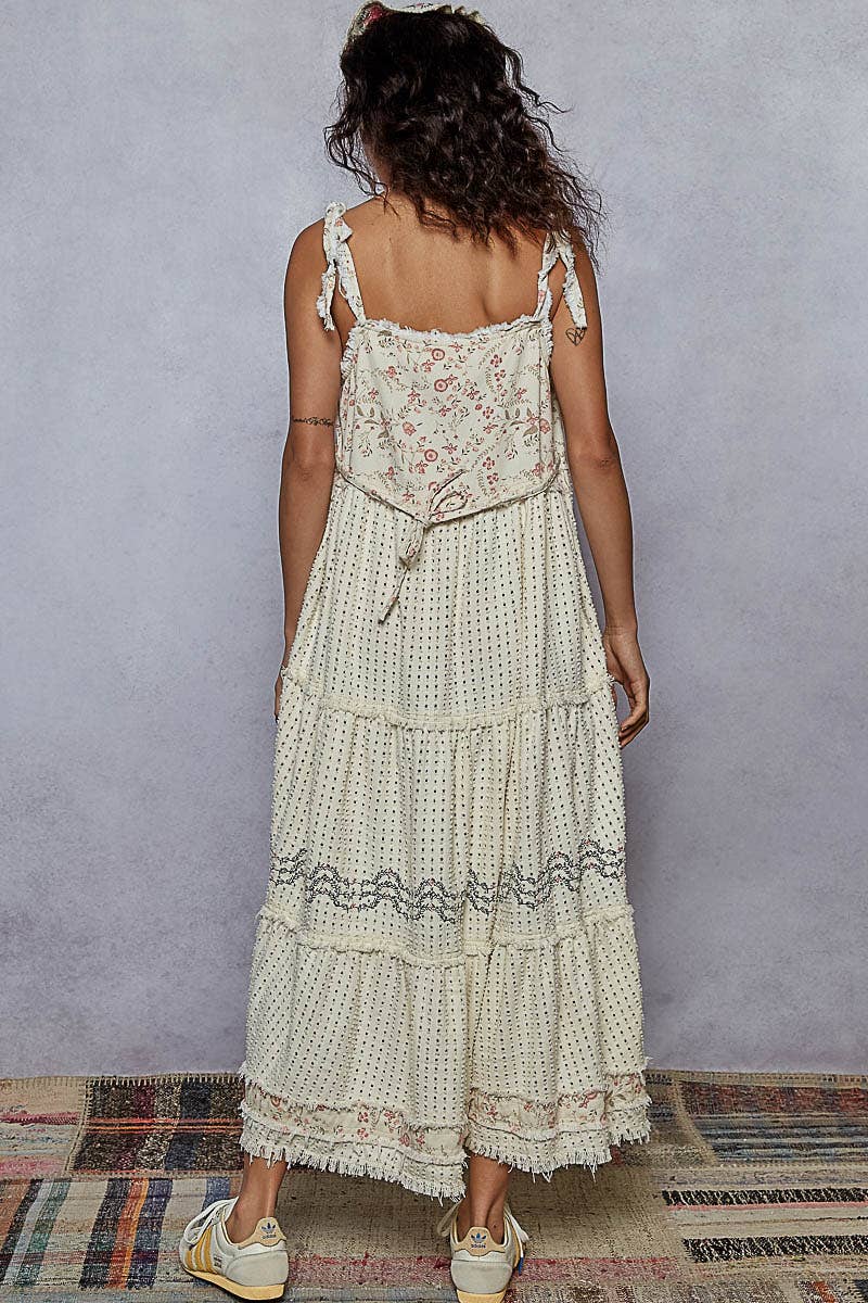 Sleeveless ruffle strap textured woven denim maxi dress