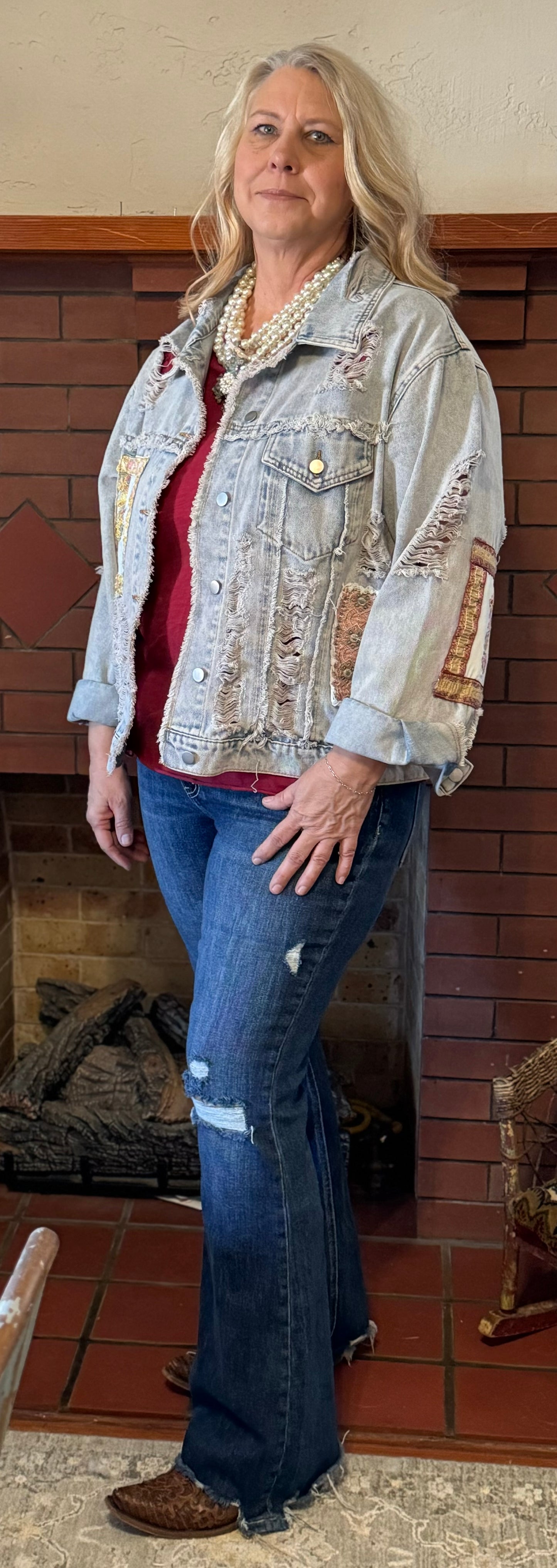 Oversize patch work panel distressed shacket