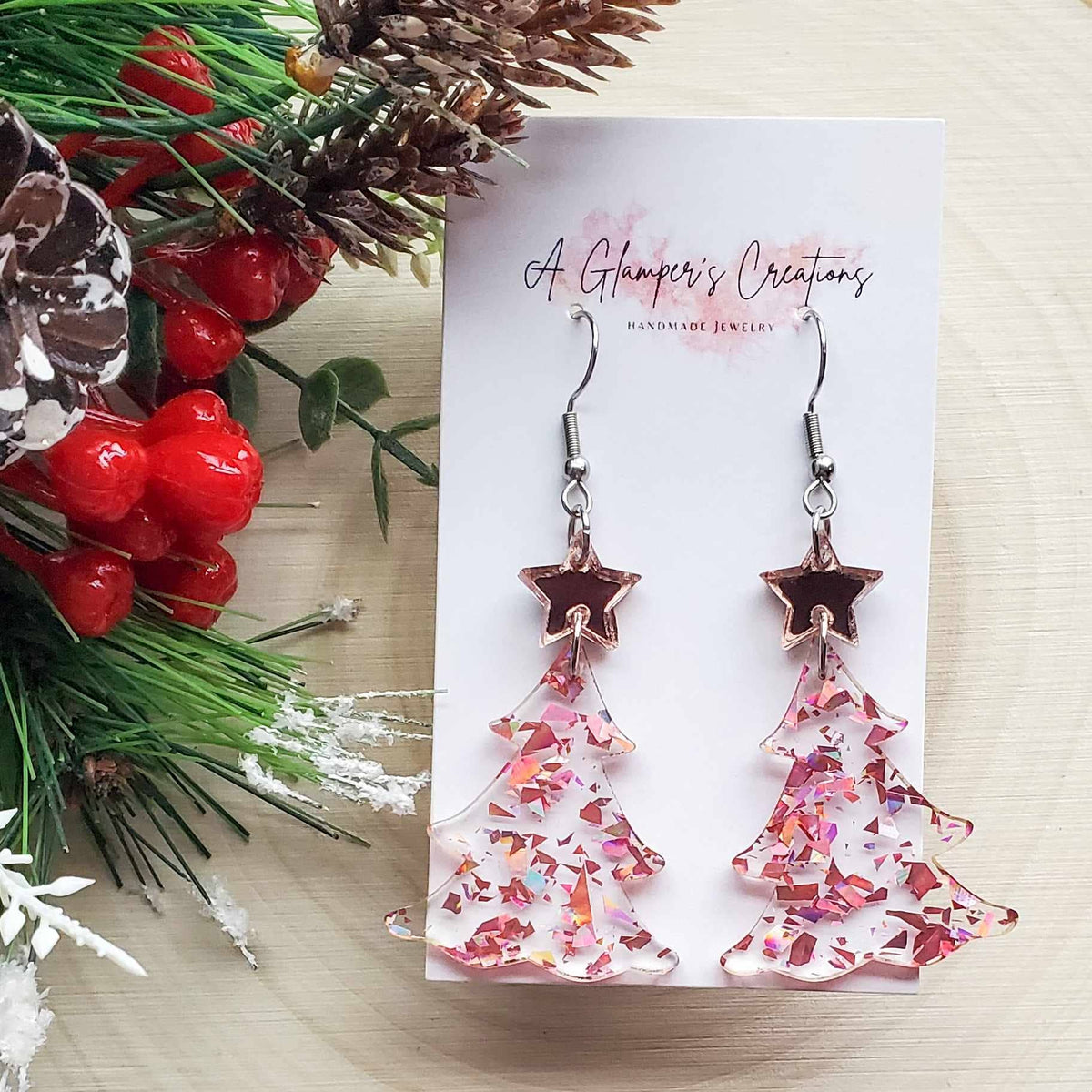 Christmas Tree Acrylic Earrings - Rosegold Flakes & Star