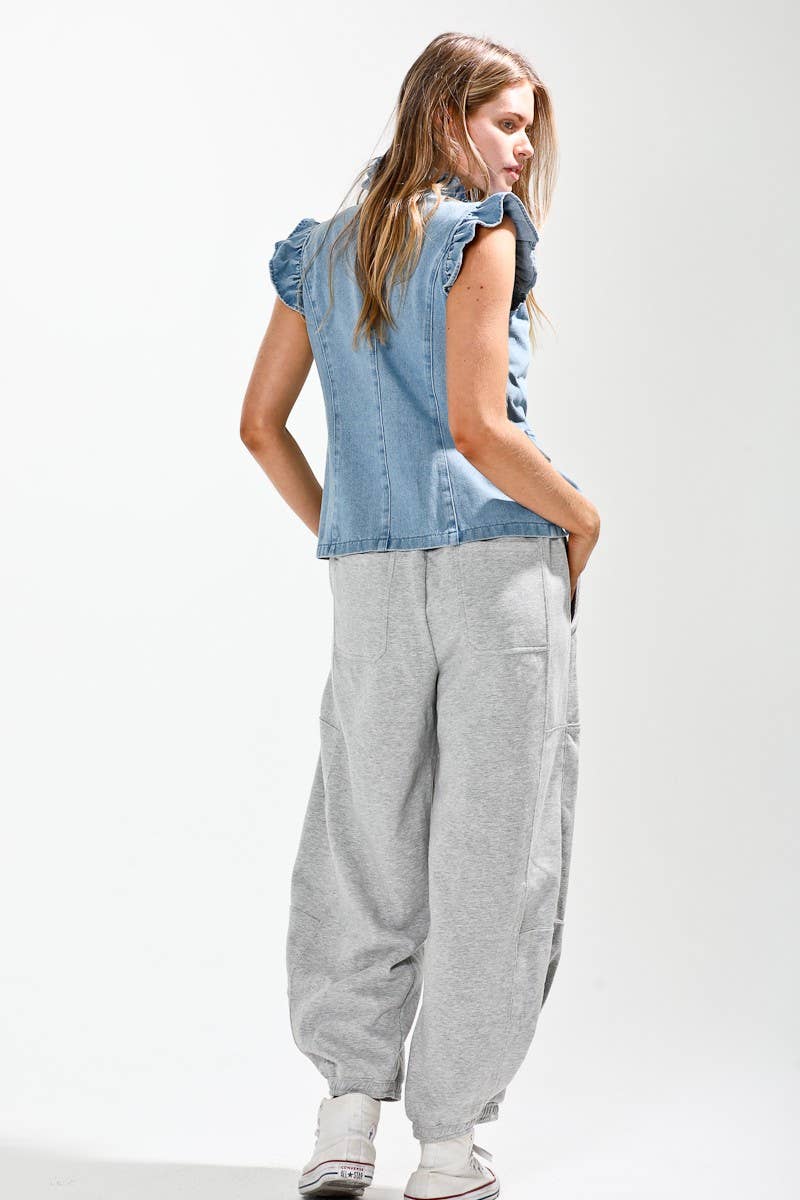 Ruffle Shoulder Washed Out Button Down Denim Jacket .