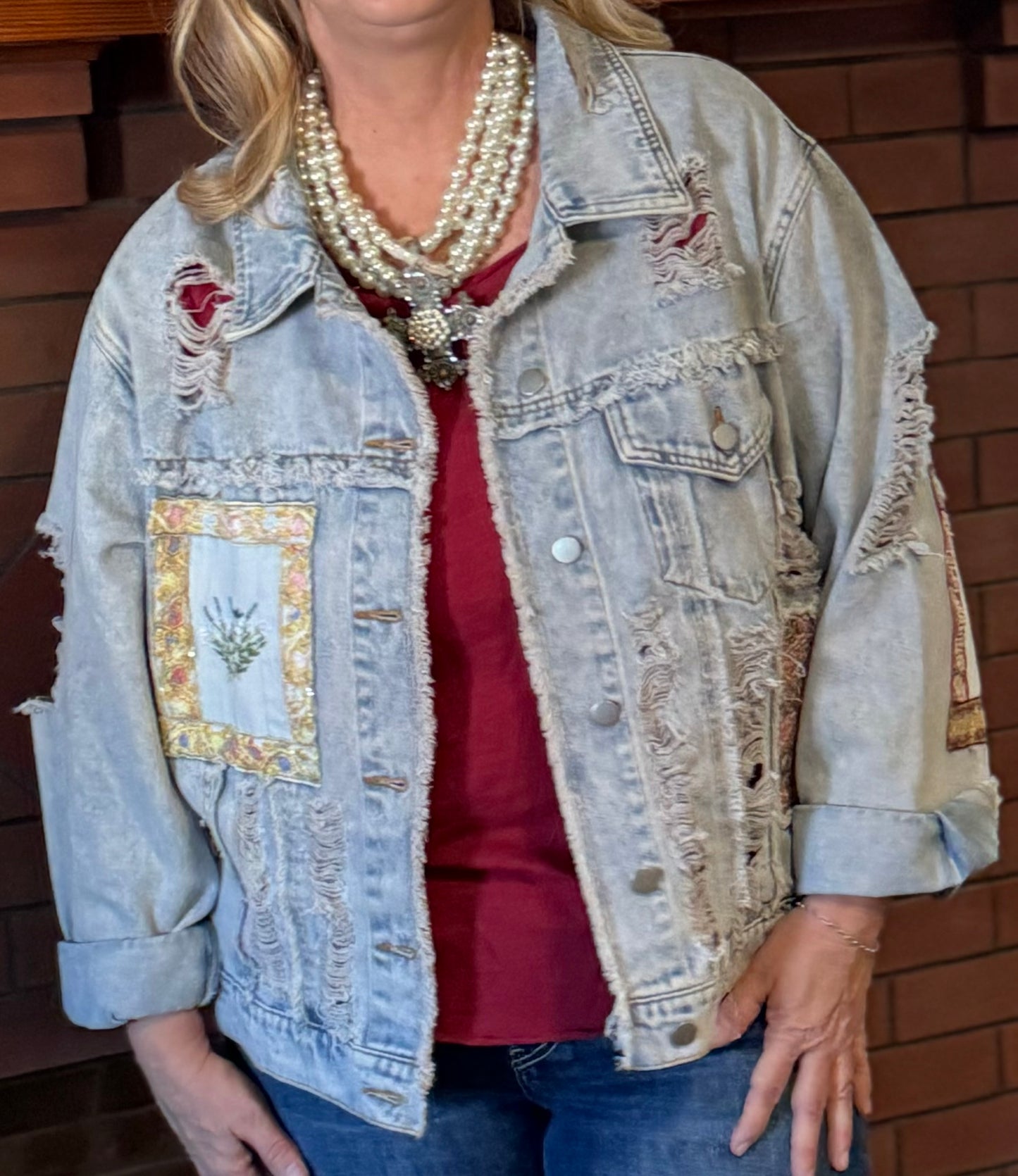 Oversize patch work panel distressed shacket