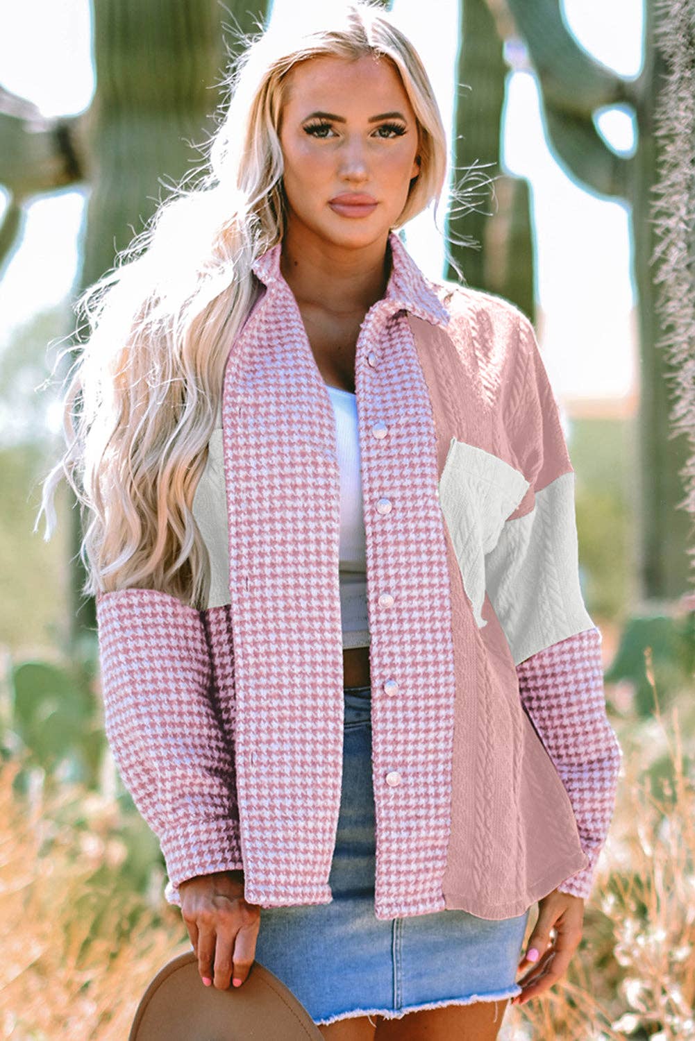 Khaki Houndstooth Color Contrast Textured Patchwork Loose Shacket