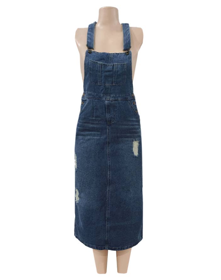 Distressed Ripped denim overall dress