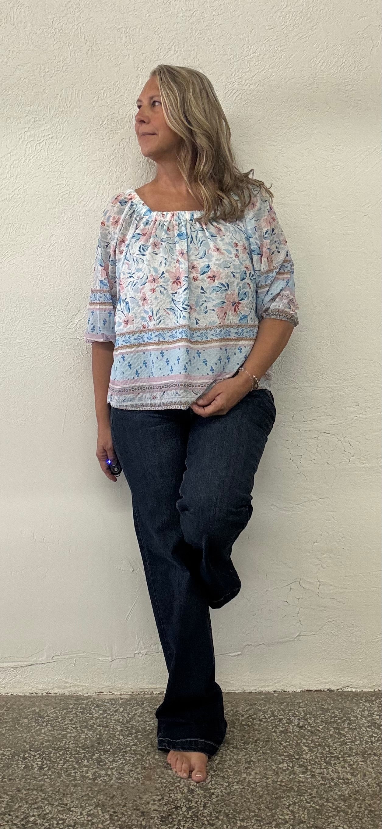 BOHO FLORAL BORDER SQUARE NECK BLOUSON BLOUSE TOP