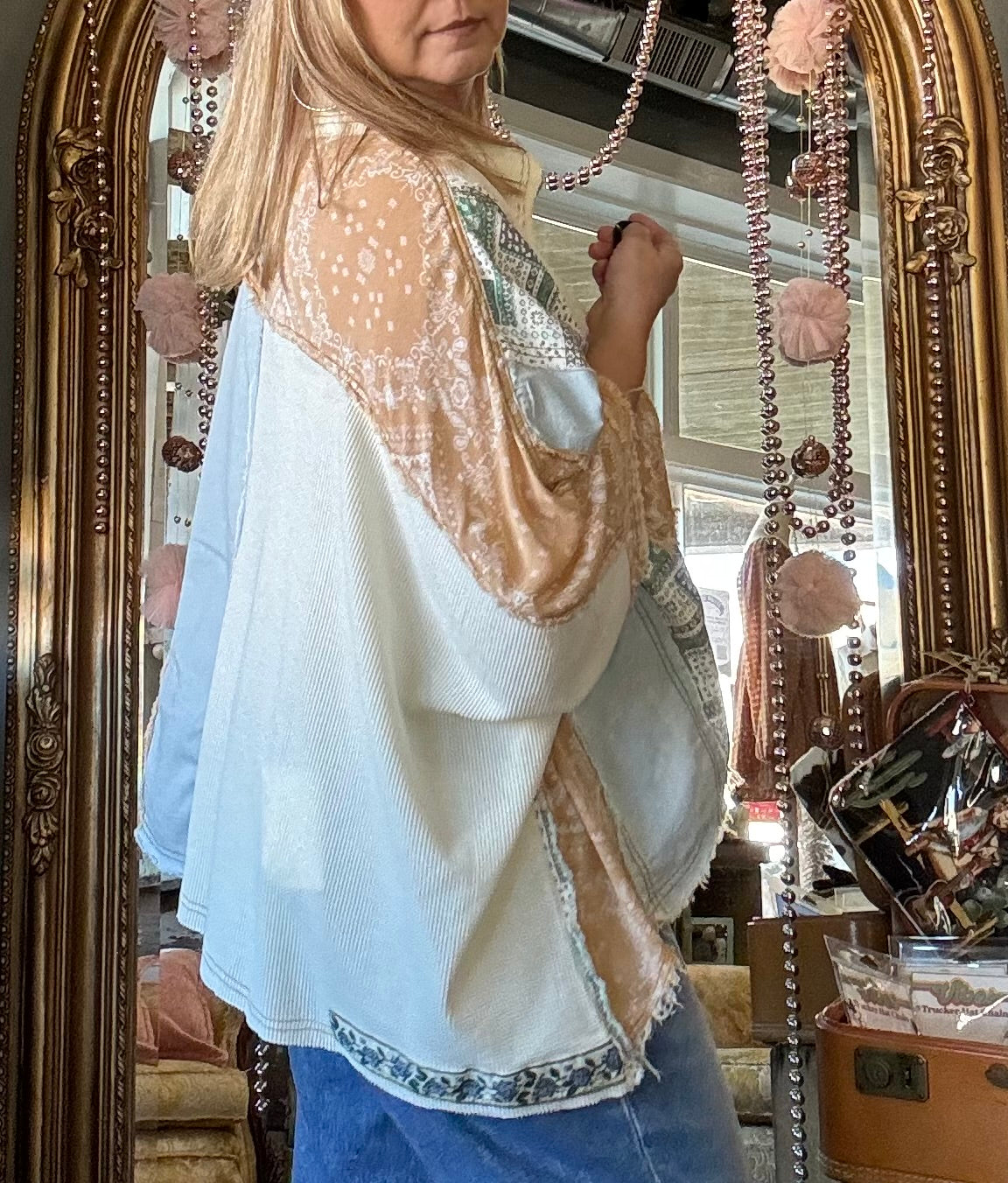 Oversize button down contrast fabric panel high low shirt