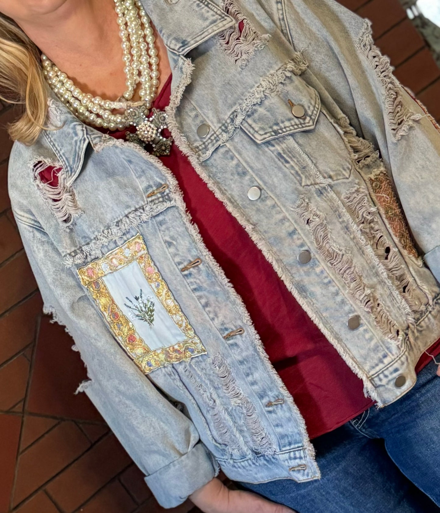 Oversize patch work panel distressed shacket