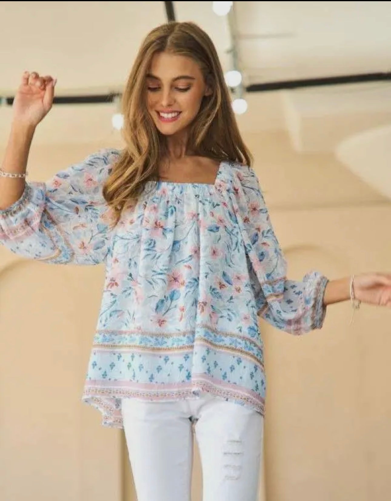 BOHO FLORAL BORDER SQUARE NECK BLOUSON BLOUSE TOP