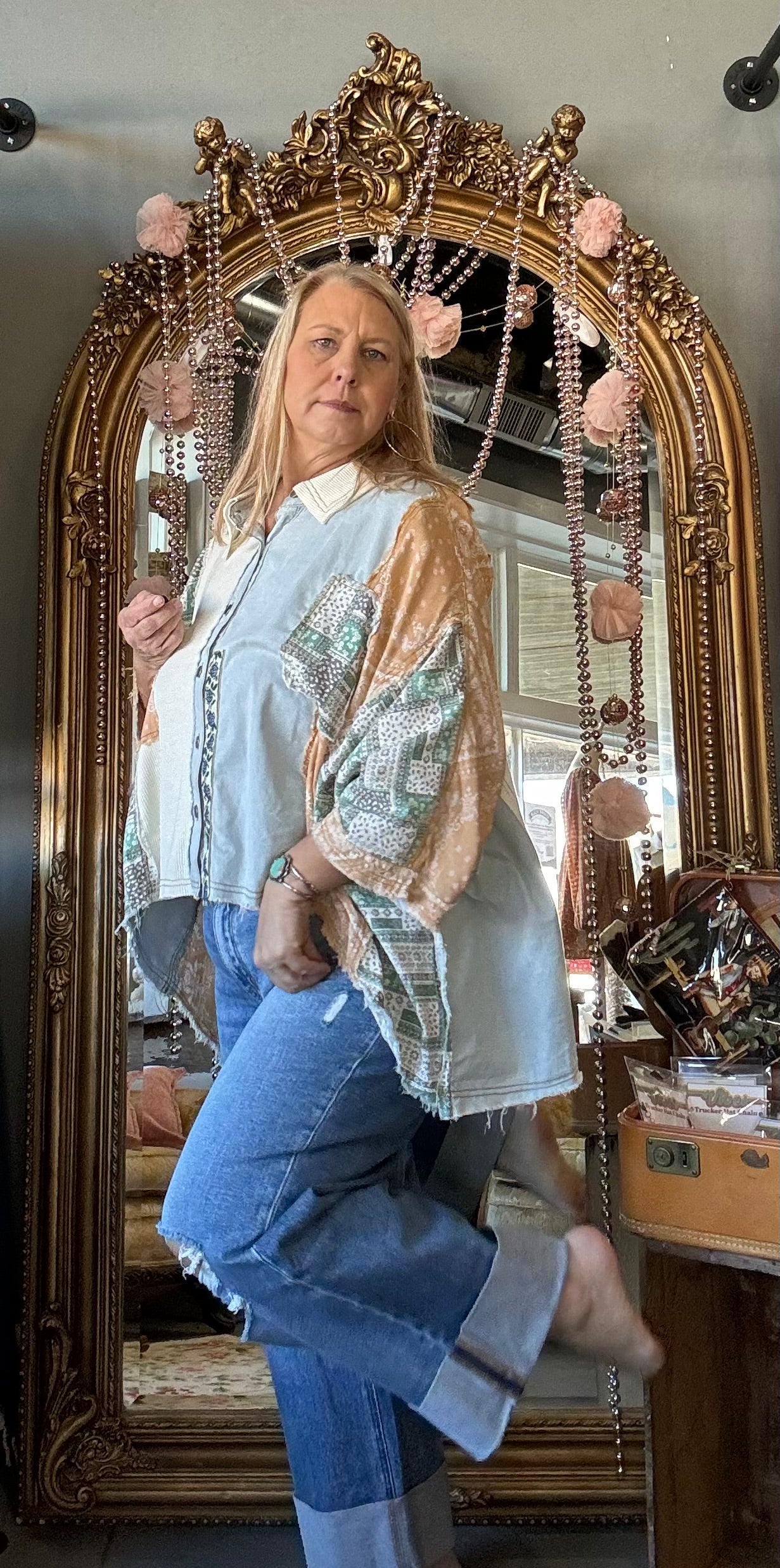 Oversize button down contrast fabric panel high low shirt