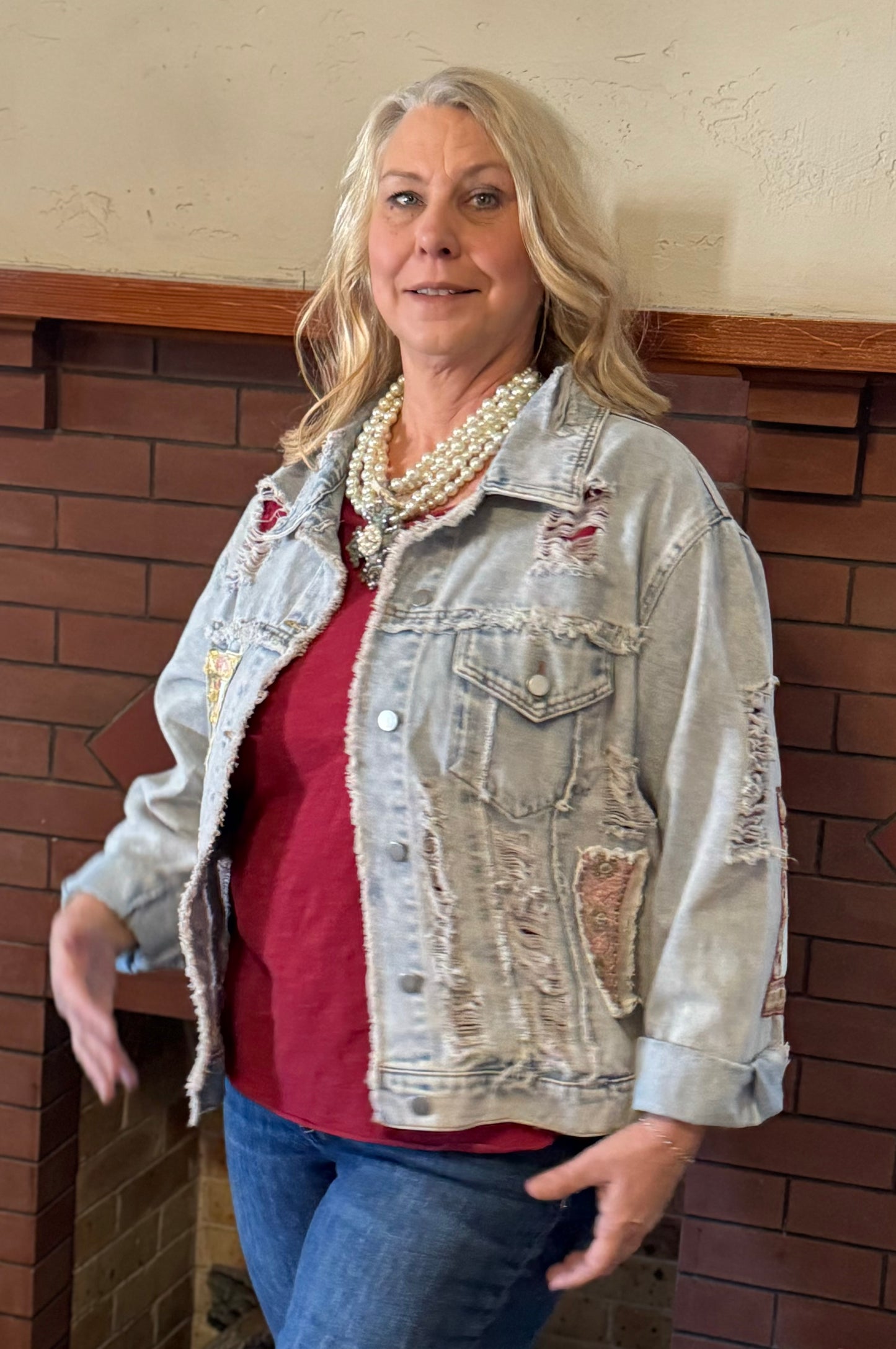 Oversize patch work panel distressed shacket