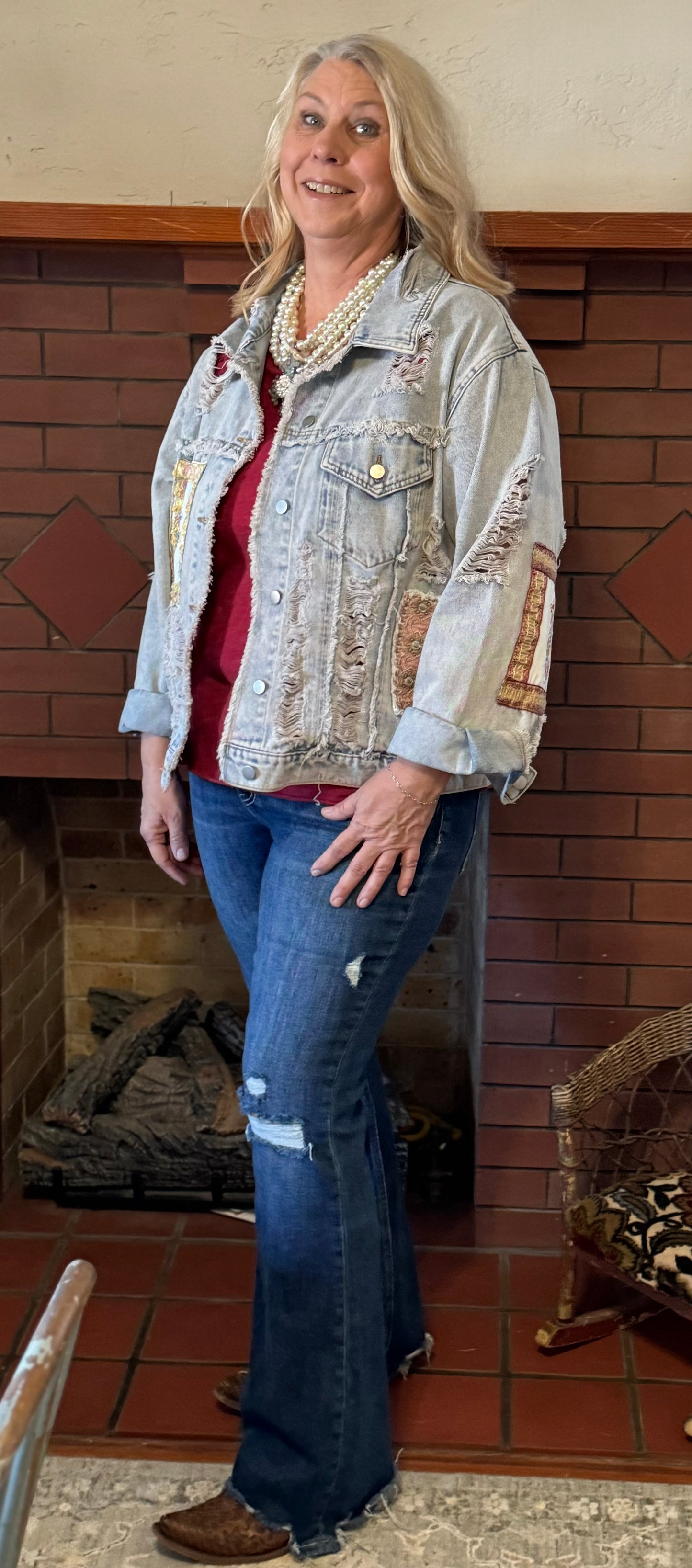 Oversize patch work panel distressed shacket