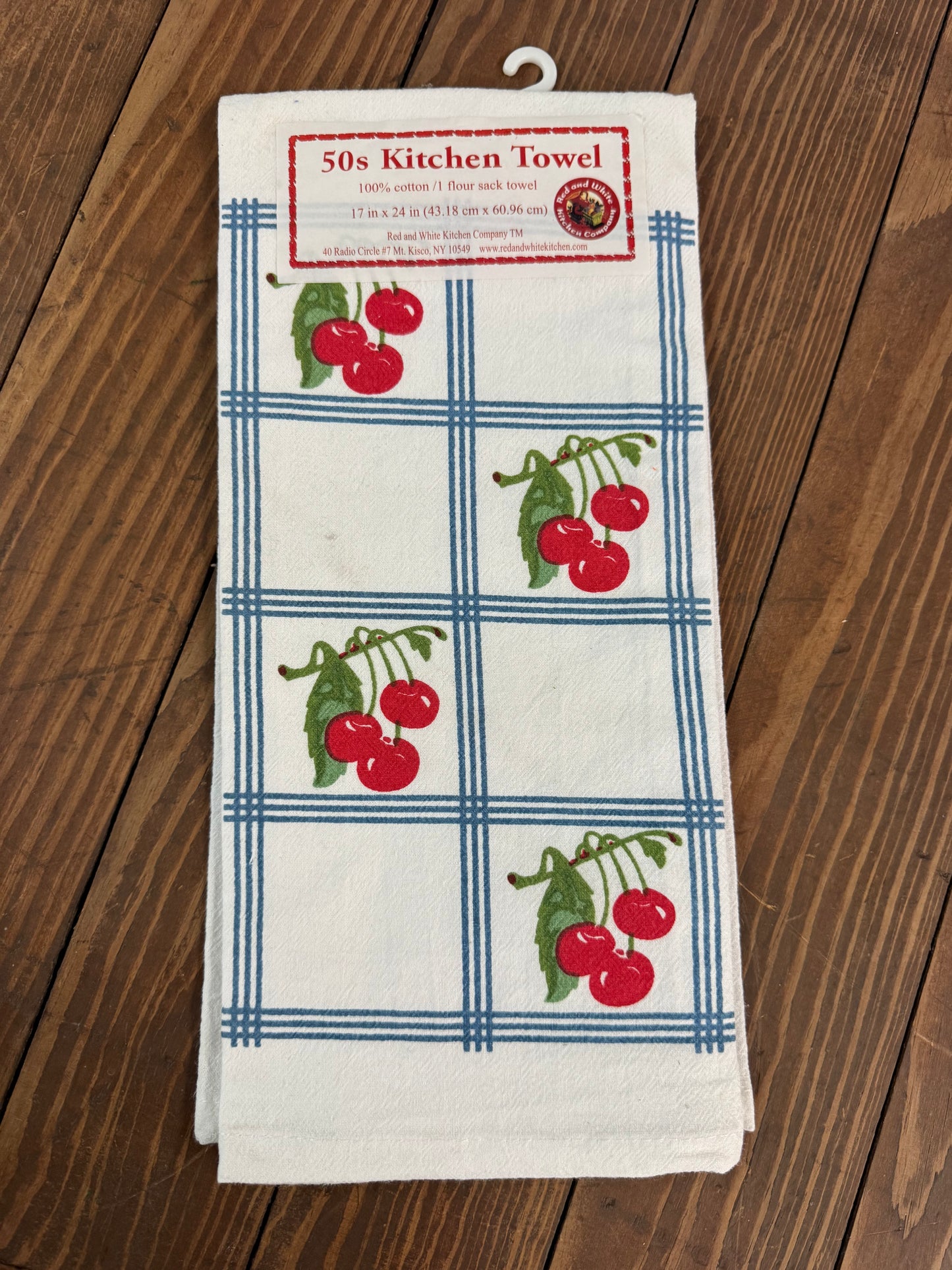 Retro cherries and blue square dish towel