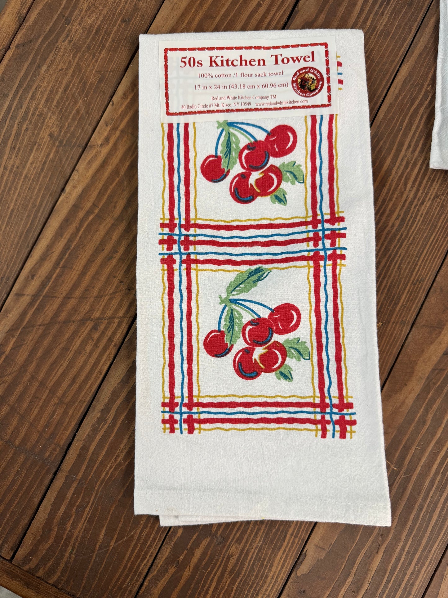 Retro red square cherries dish towel