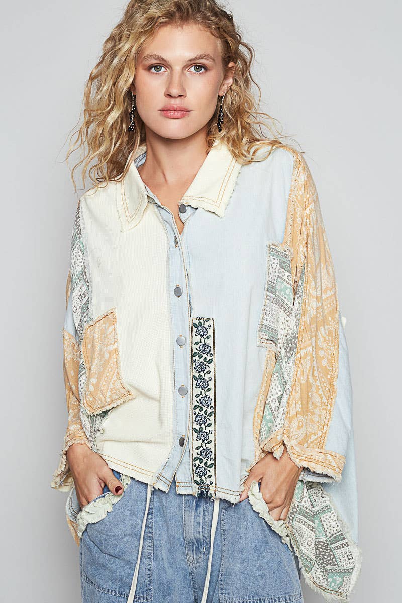 Oversize button down contrast fabric panel high low shirt