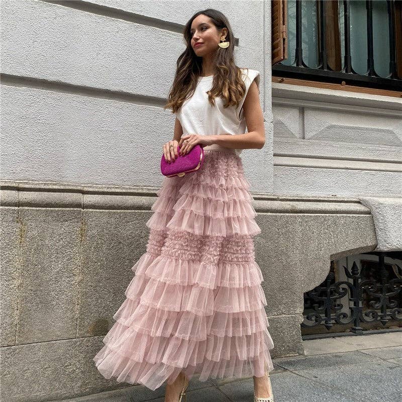 Chic Solid Color Mesh Cake Skirt