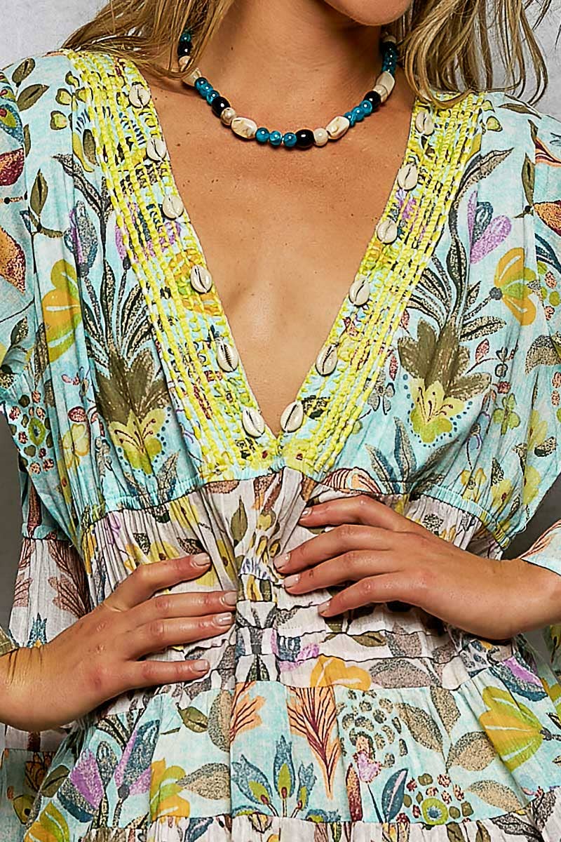 3/4 Sleeveless V-neck Seashell Shape Printed Woven Dress