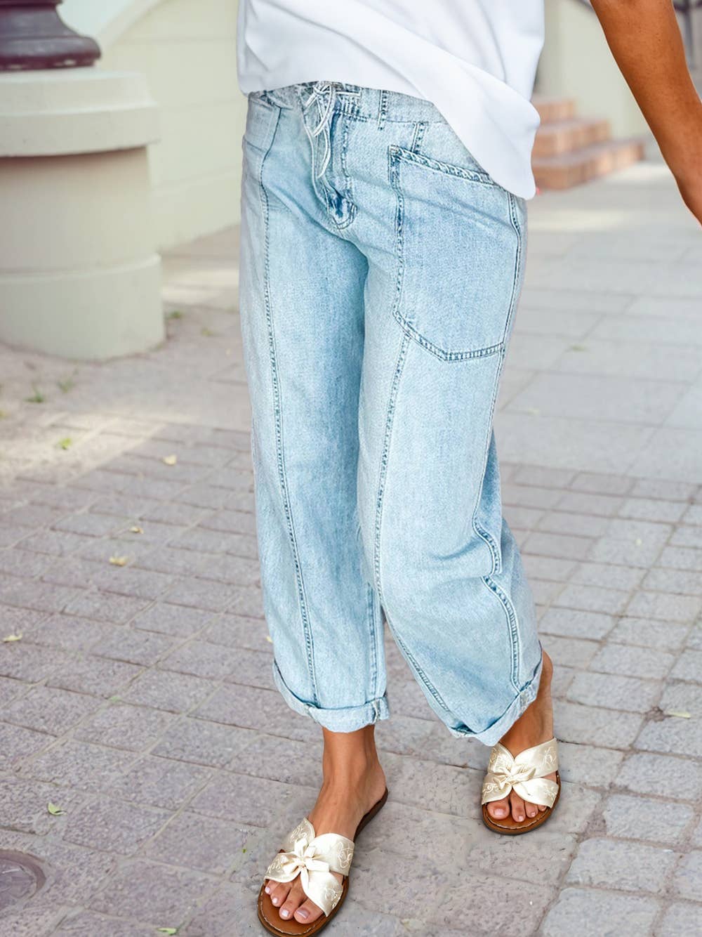 Exposed Stitch Detail Drawstring Barrel Jeans