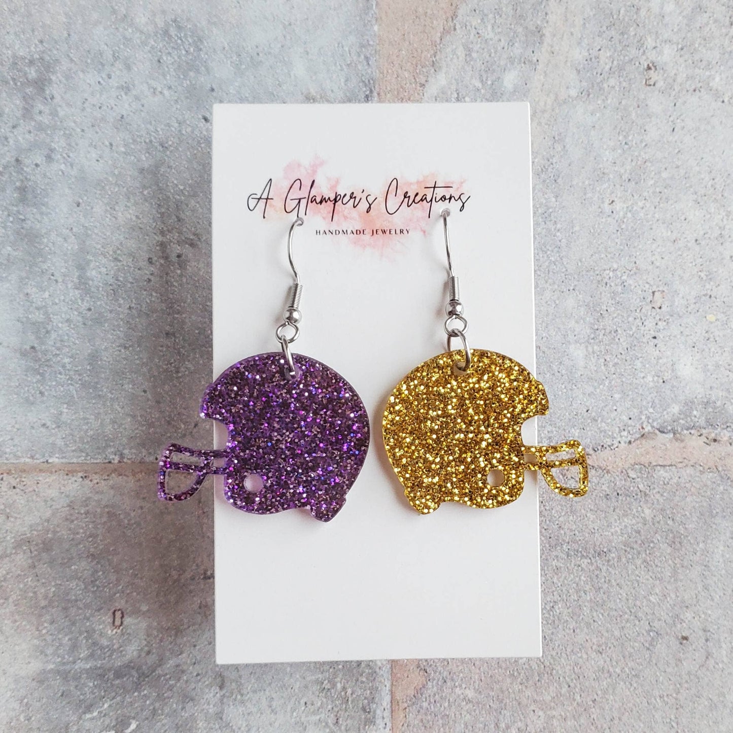 Purple & Gold Glitter Acrylic Football Helmet Earrings