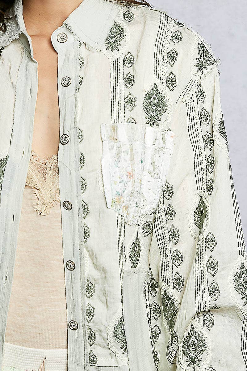 Long Sleeve Embroidered Woven Stripe Contrast Shirt Top