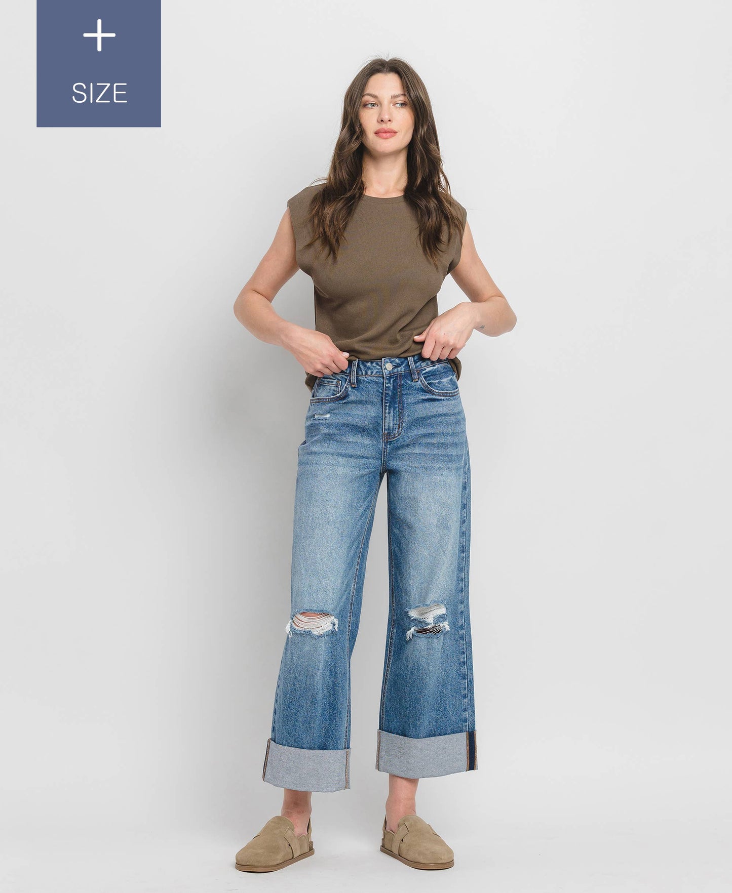 PLUS SIZE SUPER HIGH RISE CUFFED BAGGY WIDE JEANS