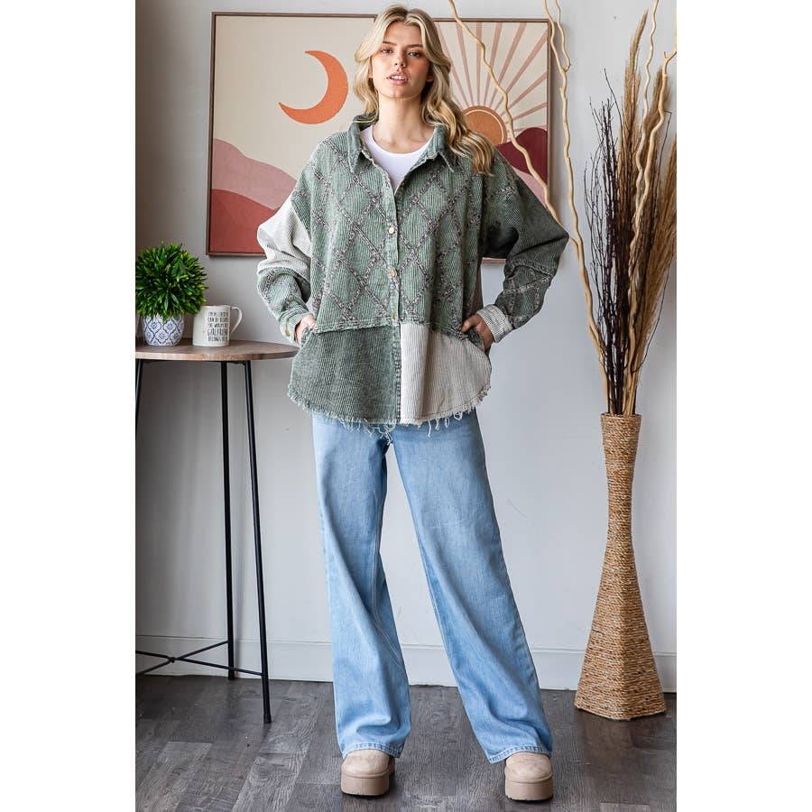 WASHED CORDUROY COLORBLOCK BUTTON DOWN SHACKET