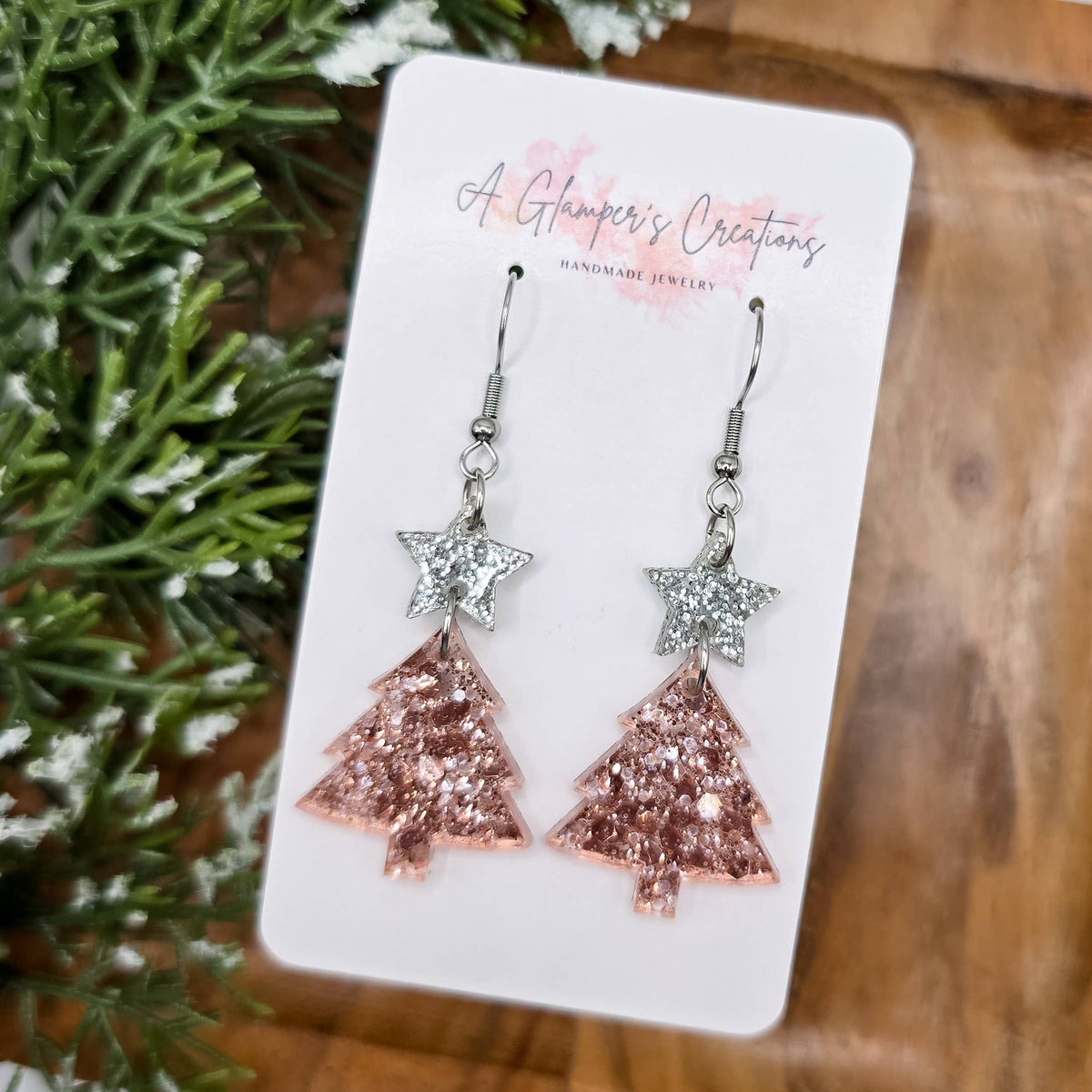 Silver & Rosegold Glitter Christmas Tree Acrylic Earrings