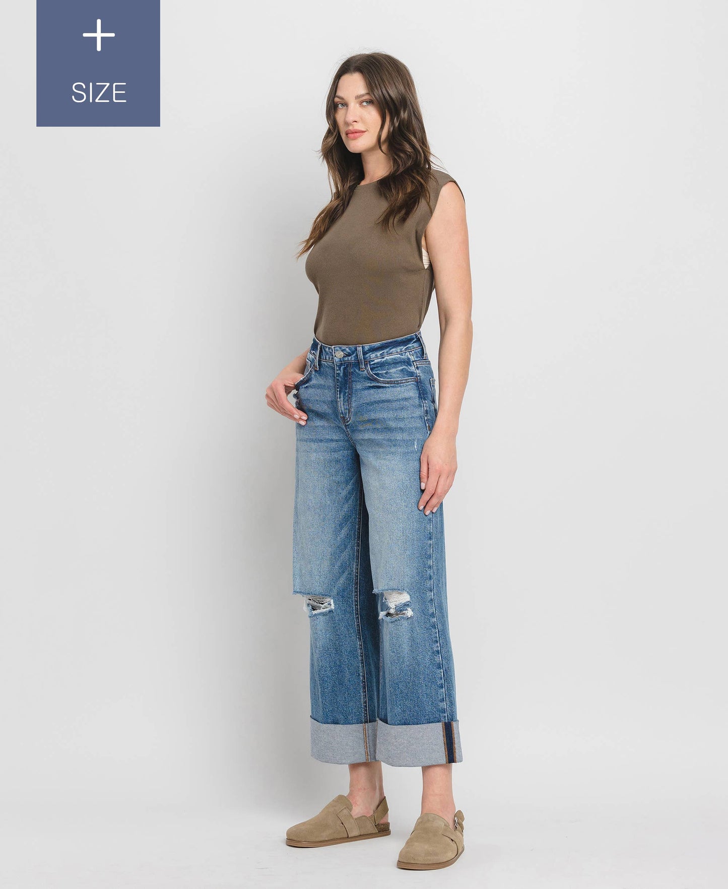 PLUS SIZE SUPER HIGH RISE CUFFED BAGGY WIDE JEANS